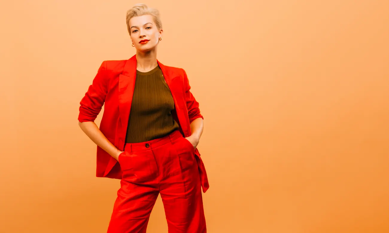 Farewell, sweet floral midi. Hello, breezy trouser suit