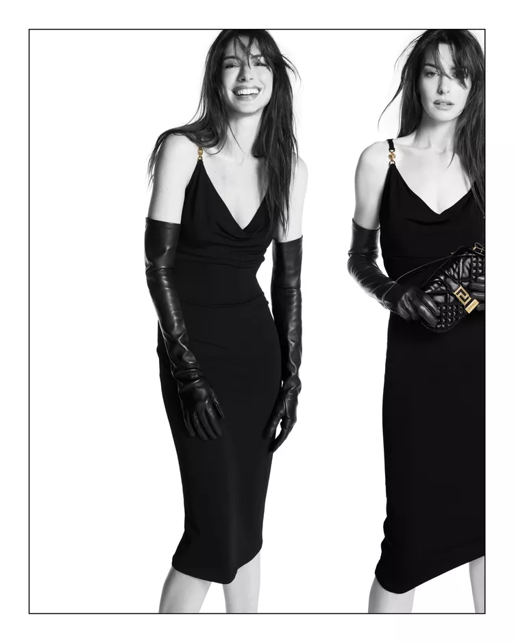 Anne Hathaway and Her Blingy Black Minidress Are the Newest Faces of the Versace Icons Collection