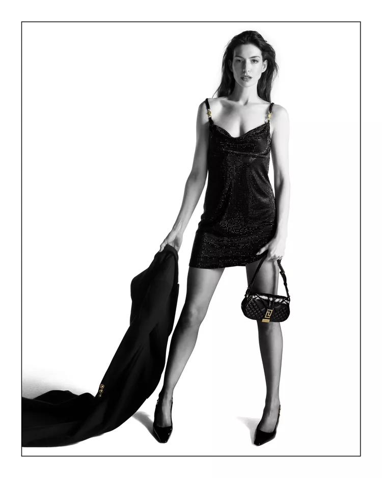 Anne Hathaway and Her Blingy Black Minidress Are the Newest Faces of the Versace Icons Collection