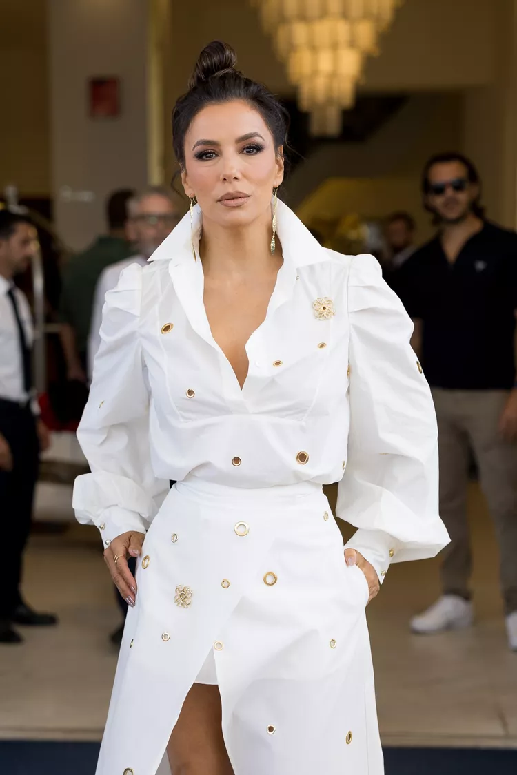 Eva Longoria Paired Her Dreamy White High-Slit Gown With a Top-Knot Bun
