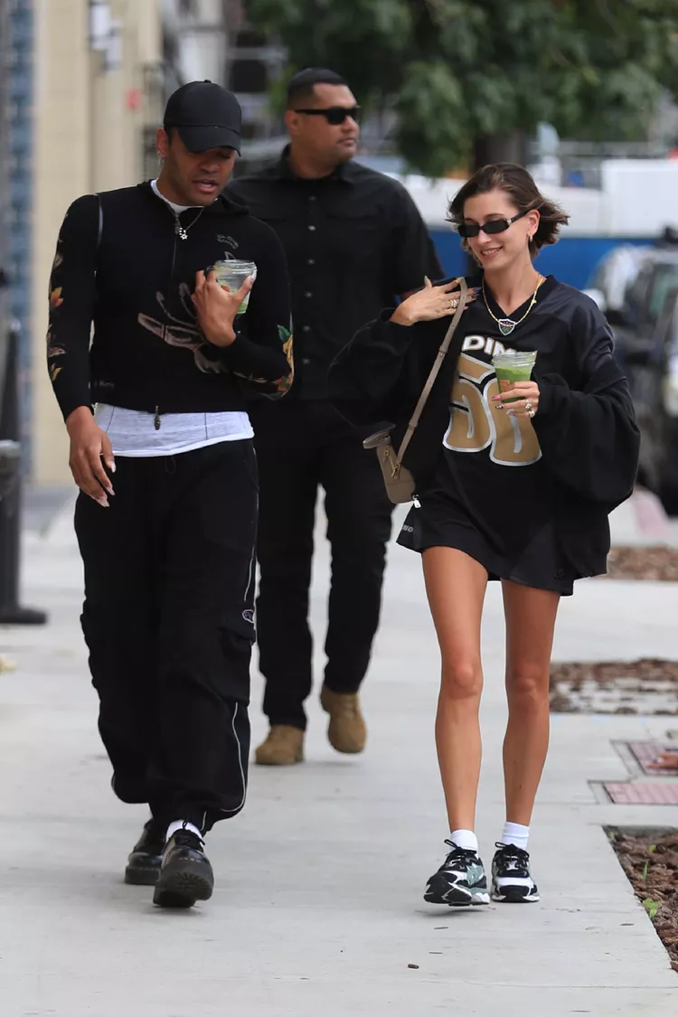 Hailey Bieber Went Pantsless in the Slouchiest Jersey and Ultra-Comfy Sneakers