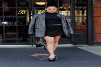 Vanessa Hudgens Paired the Tiniest Miniskirt With a Gigantic Leather Blazer and Sky-High Heels