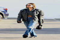 Hailey Bieber Paired the Tiniest Crop Top With a Super-Oversized Moto Jacket
